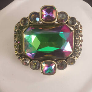 Heidi Daus Art Deco Brooch Gold Tone‎ Large Iridescent Stone with Clear Accents